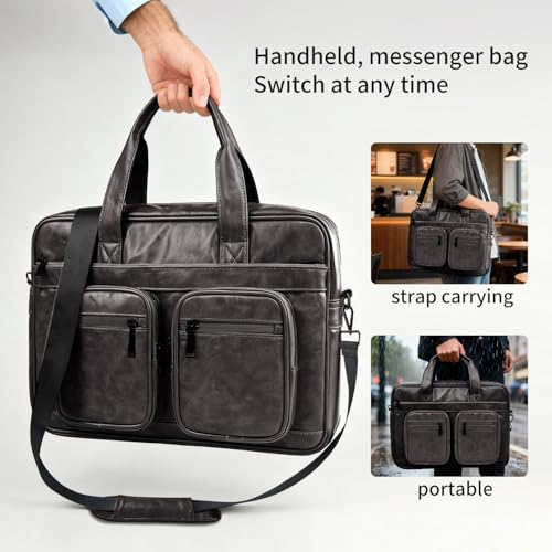 Image of MOCA PU Leather Laptop Bag for Men & Women | Office Briefcase | Multi-Pocket Messenger Bag | Fits 15.6 Inch Laptop | Adjustable Shoulder Strap