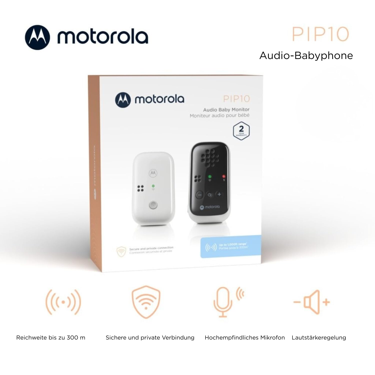 Motorola Nursery – PIP10 kabelloses DECT-Babyphone, hochempfindliches Mikrofon, Ton- und Außer-Reichweite-Warnung, Lautstärkeregelung, tragbare Elterneinheit