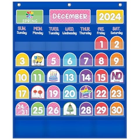 Mewise Monthly Calendar Pocket Chart with 92 Activity Cards for Kids,Simplified Calendar Pocket Chart for Kids Easy Learning,Classroom/Teacher Must Have Supplies/School Decor (Blue English) Cover