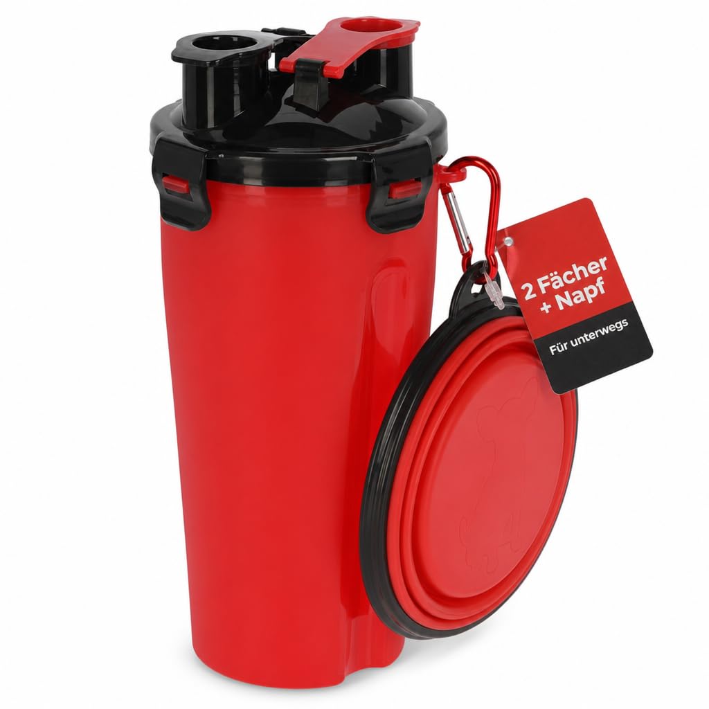 Contenitore per cani da viaggio, con 2 camere separate per acqua e cibo secco e ciotola pieghevole in silicone, 800 ml, portatile (rosso)
