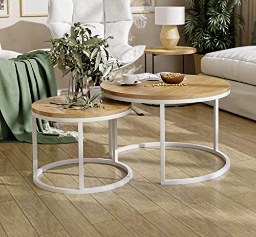 Mesa baja Paulin redonda de roble con patas blancas Cover