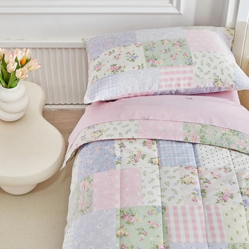 Image of Joyreap 4 Piece Cotton Toddler Bedding Set- Colorful Flowers Grids Patchwork Design, Toddler Comforter Set for Girls, Includes Quilted Comforter, Fitted Sheet, Top Sheet, and Pillow Case