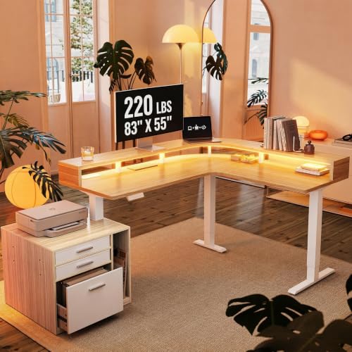 Image of HUANUO LED Electric L Shaped Standing Desk with File Cabinet, Light Walnut | 63 inchx55 inch 2-Tier L-Desk,3-Drawer File Cabinet,RGB LED App Lighting,Built-in Power Outlets,27.6 inch-46.5 inch Adjustable Height
