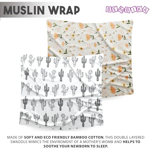 Image of BEMBIKA Bamboo Muslin Swaddle Wrap Baby 120X110 Cm Stroller Blanket Receiving Blanket for Newborn | Flowers & Cactus(Pack of 2)