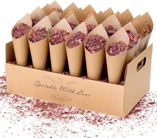 Halinuia 30 Cônes Confettis Mariage, 100g Fleurs séchées, Plateau de boîte de Support, Petale de Fleurs Séchées Mariage Confetti pour Décoration Mariage