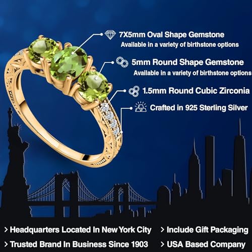 Gem Stone King 1.92 Cttw Green Peridot 18K Yellow Gold Plated Silver Ring | Gemstone Birthstone | Oval 7X5MM and Round 5MM | Available In Size 5, 6, 7, 8, 92