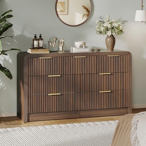Decofy Fluted Drawers Dresser for Bedroom Wood Dressers with Gold Handles Modern Dressers with Wave Texture Large Storage Chest of Drawers Bedroom Dresser Organizer 55 & 7 Drawers (Walnut)