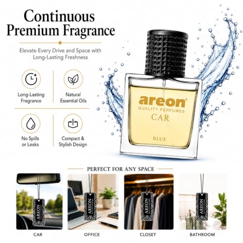Image of AREON Car Perfume 1.7 Fl Oz. (50ml) Glass Bottle Cologne Air Freshener for Cars, Blue