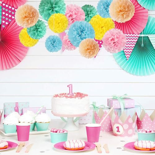 Image of 20 PCS Tissue Paper Pom Poms, Tissue Pom Poms Flowers, Sizes of 6 inch, 10 inch, 12 inch, 14 inch Hanging Paper Flower Ball for Wedding, Birthday, Easter, Graduation Party Decor (Light Colorful)