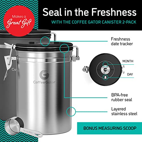 Image of Coffee Gator Coffee Canister, 2pack 22oz Airtight Stainless Steel Kitchen Food Storage Container with Date Tracker, Scoop for Sugar, Grounds, Beans,Tea, Cereal, Flour, Cookies Jars - Gray&Silver