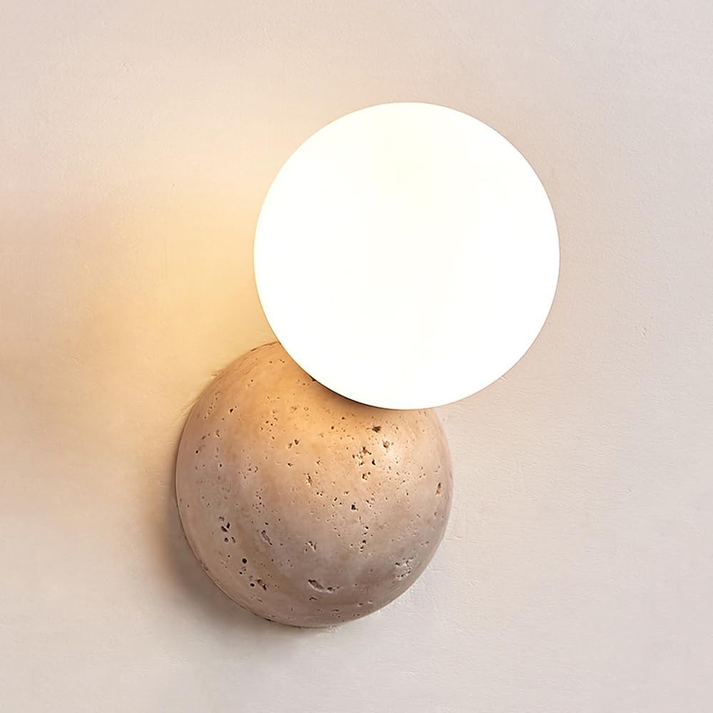 HUAYUSEDF Japanese Simple Round Small Glass Wall Sconce Natural Yellow Travertine Indoor Wall Light G9 Warm Light 3000K Wall Lamp for Living Room, Living Room and Porch Lighting Art Deco Lighting