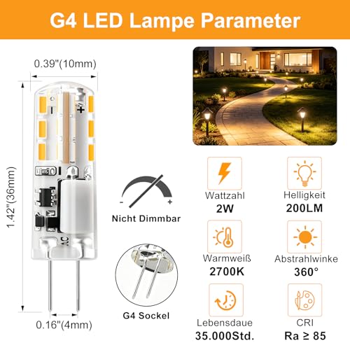 AIMEOKO G4 LED Lampe Warmweiß 12V 2W 2700K Nicht Dimmbar 200 Lumen 10 Stück – Ansicht 2