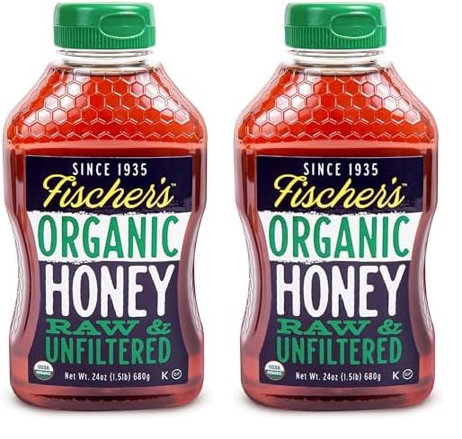 Fischer’s 100% Organic Honey, USDA Certified, 24 oz Squeeze Bottle – Pure, Unfiltered, Raw Honey – All-Natural Sweetener – Rich Flavor Profile, Natural Honey Packed with Nutrients (Pack of 2)USDA Organic