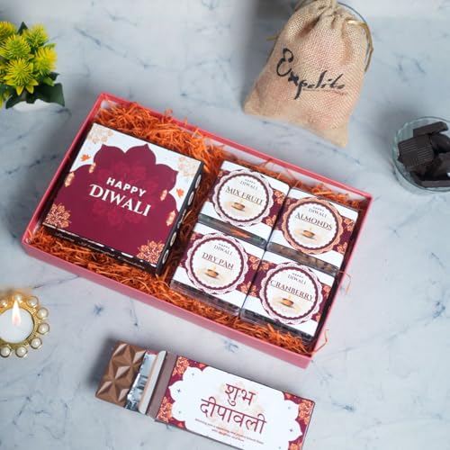 Image of Expelite Special Diwali Dry Fruits Gift Box | 50g Almonds, Cranberry, Dry Pan, 50g Mix Fruit, Jute Potli, Chocolates Bar, Pearl Diya and 4 Pcs Chocolate Box |Diwali Chocolates Hamper in 700