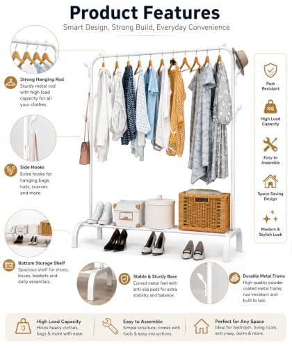 Image of Metal Multifunctional Heavy-Duty Quality Garment Stand Cloth Rack Freestanding Storage Organizer with Bottom Shelves Adjustable Folding Single Pole for Living Room (White)