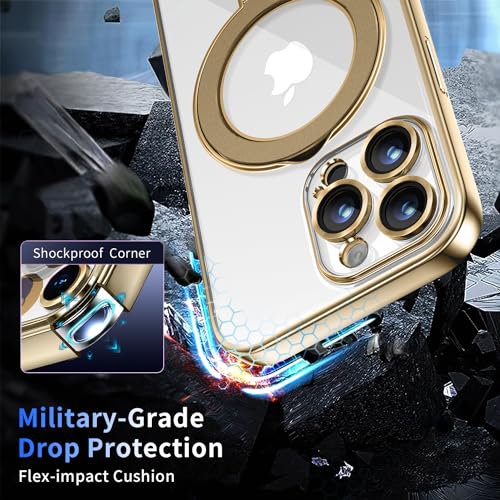 Image of Magnetic for iPhone 14 Pro Case with Invisible Stand[Compatible with MagSafe][Full Camera Lens Protector][Military Drop Protection]Shockproof Not Yellowing Clear Slim Soft for Women Men Gold