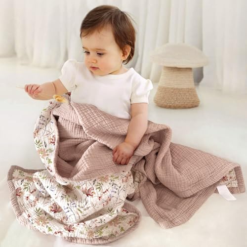 Image of lulumoon Muslin Baby Blanket for Girls - Soft Cotton for Newborn - 4 Layer Reversible Breathable Floral Receiving Blanket for Nursery Crib and Stroller 47 inchx47 inch(Sand Flower)