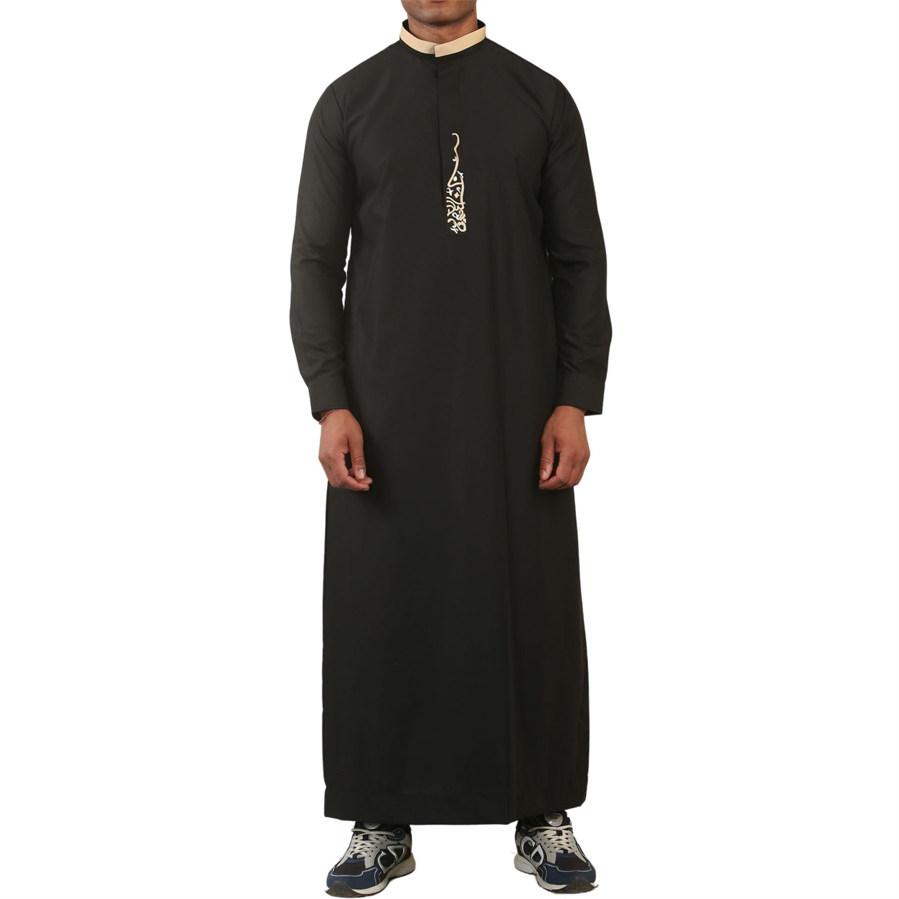 Men's Thobe Jubba Nehru Round Collar Islamic Clothing Muslim Kaftan Embroidery Eid Robe Saudi - Black 60