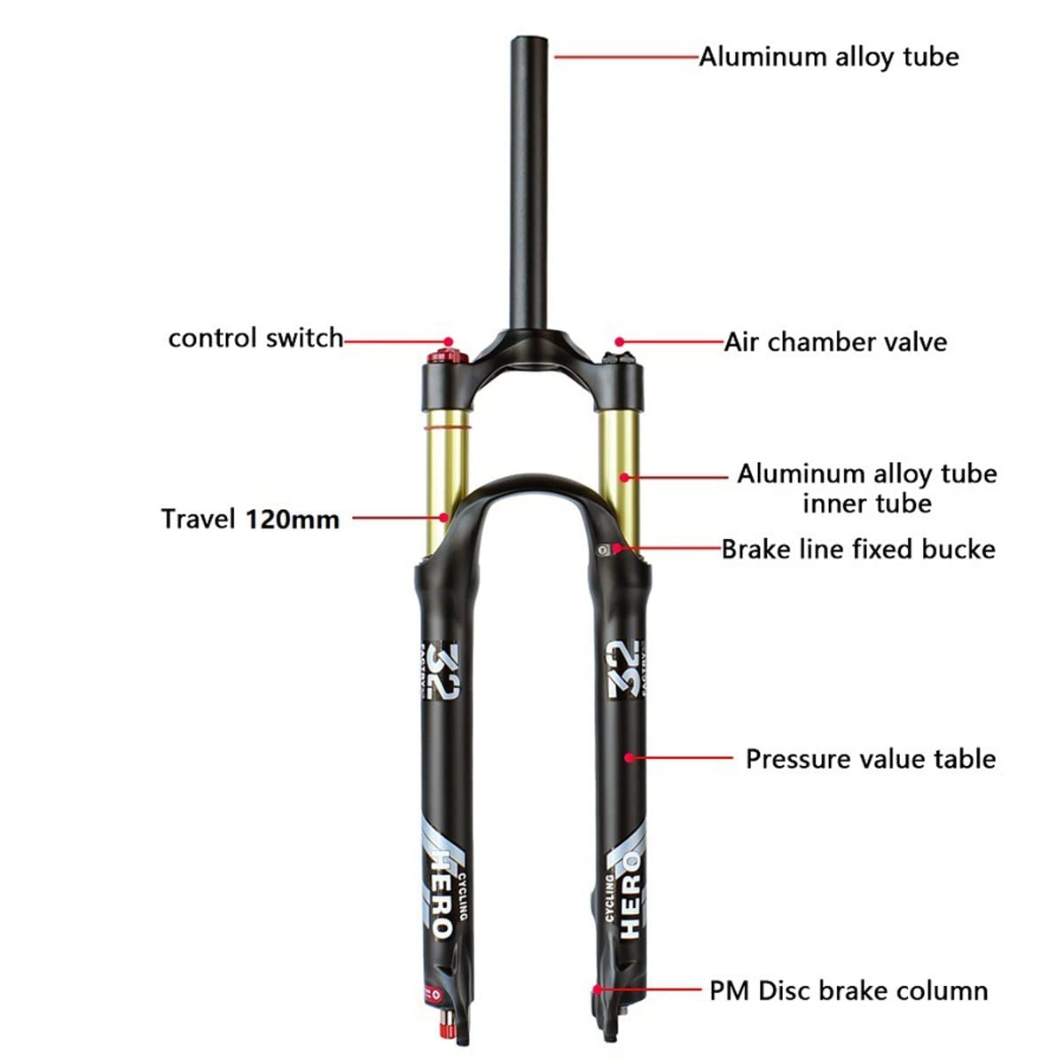 Horquilla para Bicicleta de montaña 26/27.5/29 Pulgadas con Recorrido de Aire, Ajuste de amortiguación de 100 mm, Eje pasante de 1-1/8 QR de 9 mm, Ajuste Manual/Remoto,
