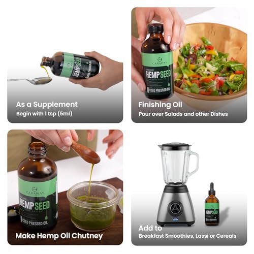 Image of CARAWAY Hemp Seed Oil Cold Pressed | Extracted Using Hemp Hearts Seeds - Omega 3 & Omega 6 in Gold Ratio | Meets all FSSAI standards | For Oral and Topical Use | Glass Bottle - 236 ml