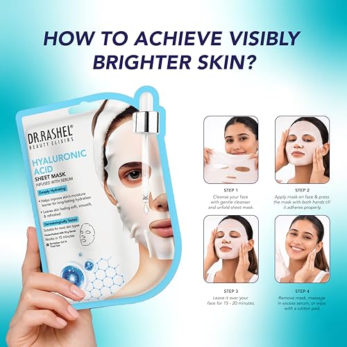 Image of DR.RASHEL Hyaluronic Face Sheet Mask With Serum For Women And Men | All Skin Types | Repairing & Nourishment | Soothing And Hydrating | Paraben Free | Pack Of 4 | 20 Grams Each