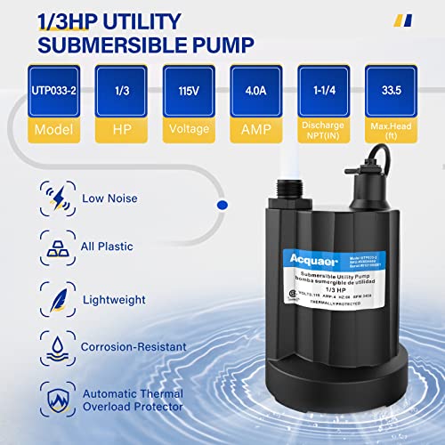 Image of Acquaer 1 /3 HP Submersible Water Pump 2160GPH Sump Pump Thermoplastic Utility Pump Portable Electric Water Pump Water Remove for Basement Hot Tubs Garden Pool Cover Draining with 10 ft Cord