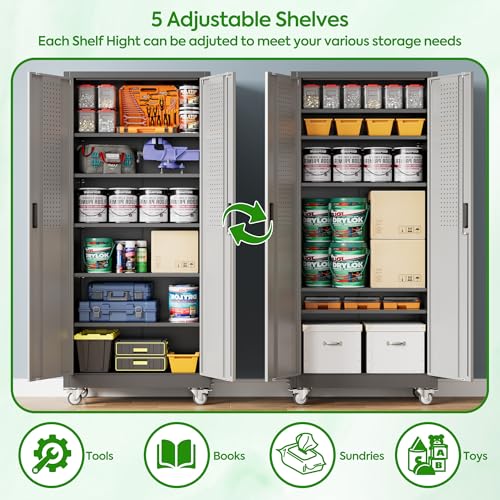 Image of Aobabo Upgraded Garage Storage Cabinets with Wheels,Metal Storage Cabinets with 5 Adjustable Shelves for Garage Home Office Storage, Black&Dark Grey,71''H*32''W*16''D,Assembly Required