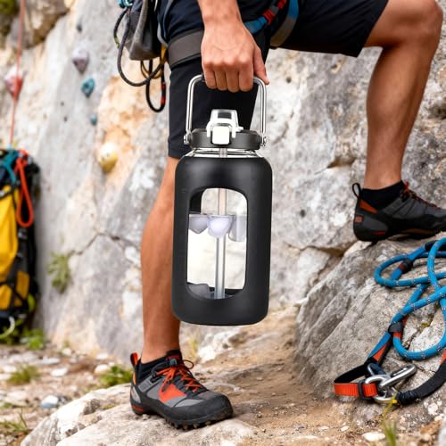 Image of WINSA 84 oz Glass Water Bottle with Straw, 2.5 Liter, Black | Gallon Drinking Bottle with Handle, Large Glass Water Jug, Silicone Sleeve for Gym Sports, Wide Mouth