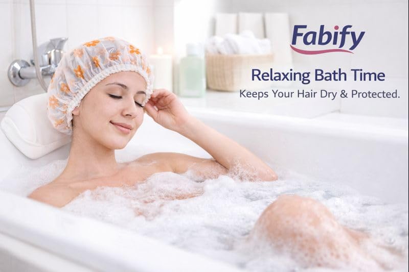 FABify Pack of 5 Reusable Printed EVA Shower Caps for Women – Waterproof 27 × 27 cm Bath & Hair‑Treatment Caps with Covered Elastic | Multi‑Color Spa, Salon & Home Protection 2