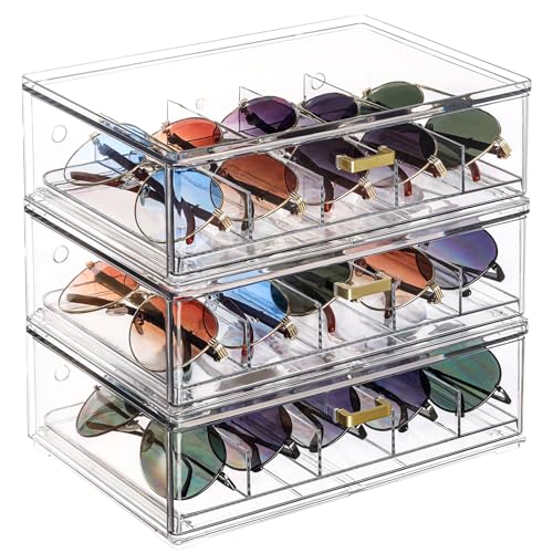 LALOBLUE Drawer Glasses Case Acrylic Stackable 3 Pack