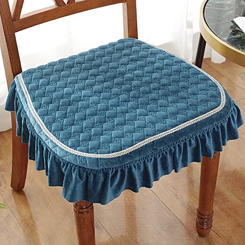 Anti-rutsch Europäisch Sitzkissen Square Verdicken Stuhl Pad mit Bändern,Spitze Rüsche Stuhlkissen,Luxus Deko Stuhlbezug für Speisestuhl Bürostühle-Blau d 43x45cm(17x18inch) Cover