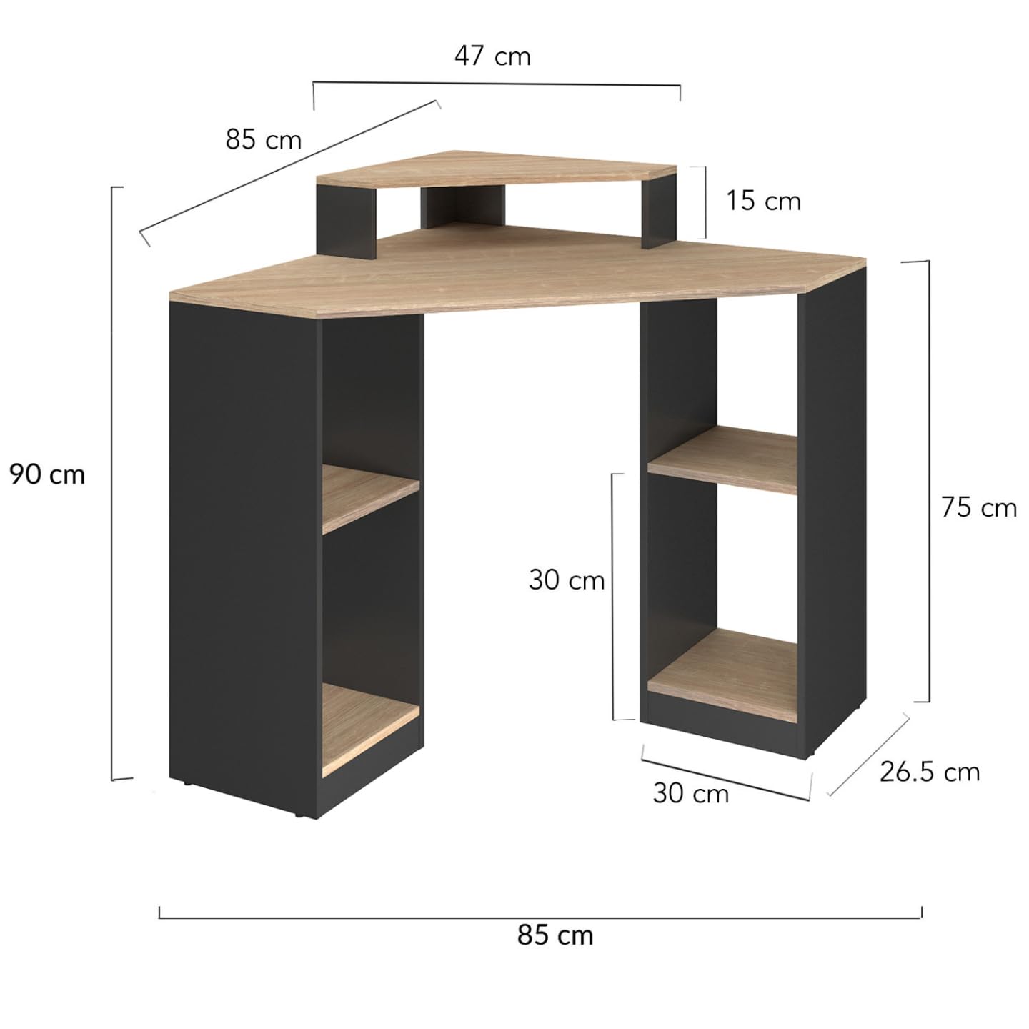 IDMarket - Bureau d'angle Harry Noir et façon hêtre Gain de Place Bureau Informatique avec rangements