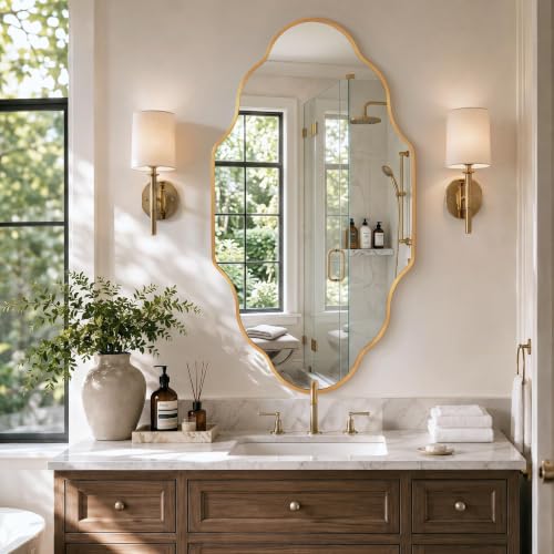 Image of Scalloped Gold Bathroom Mirror, Irregular Wall Decorative Mirror | Brushed Metal Frame, HD Glass Decorative Mirror for Wall Decor, Vanity Mirror for Living Room Entryway (26 inch x 46 inch, 2 Pack)