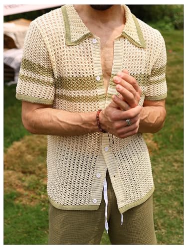 Verdusa Men's Hollow Out Knitted Button Down Short Sleeve Cardigan Sweater3