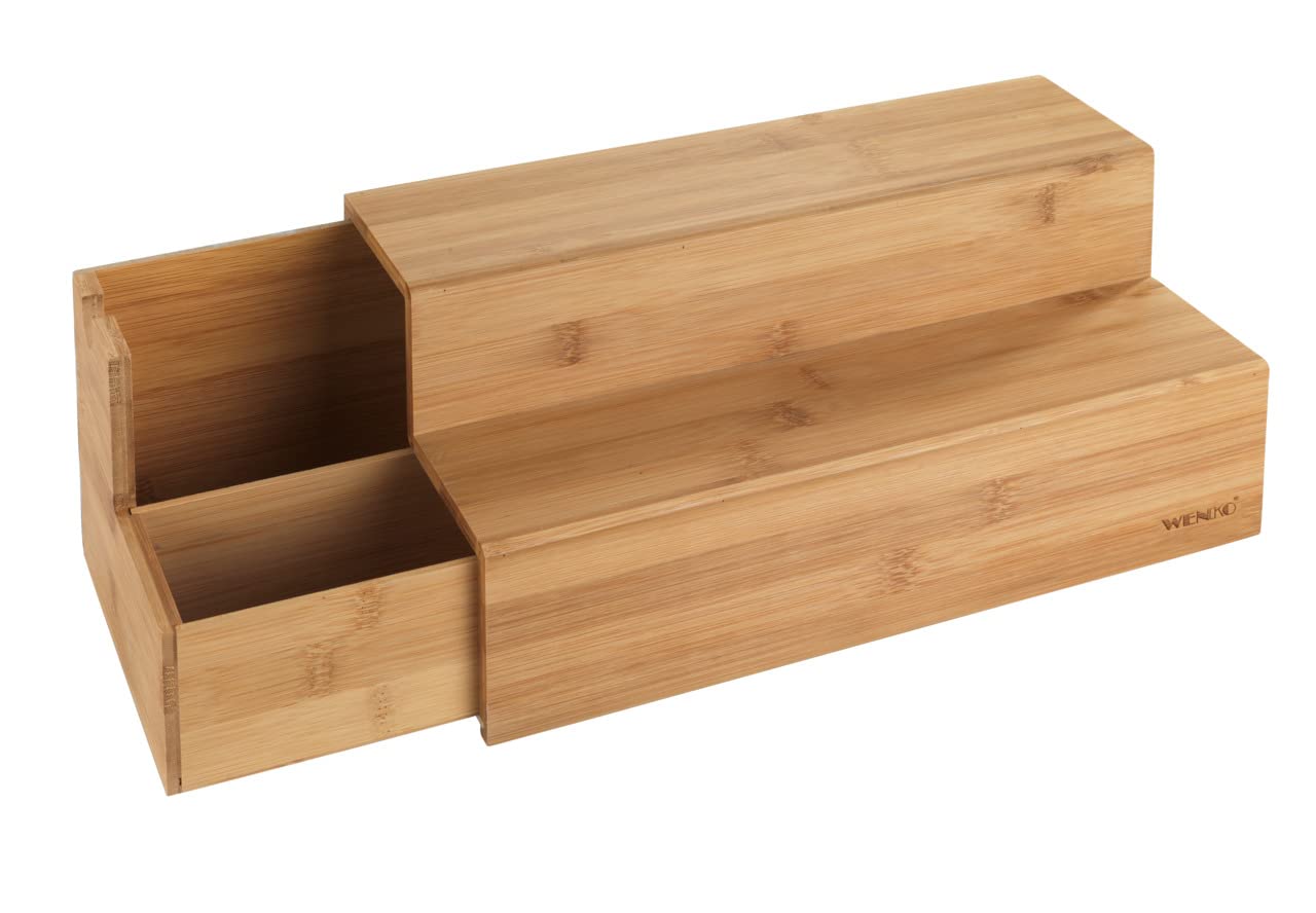 WENKO Escalier en Bambou pour Café et Thé - Étagère de Cuisine avec tiroir, Bambou, 33 x 17.5 x 15 cm, Marron