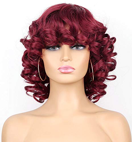 aSulis Afro Kinky Curly Fully Wigs Shoulder Length Synthetic Cosplay Wigs for African American Women Natural Curly Heat Resistant Fiber Afro Hair Wigs (Wine Red) (Bangs - Wine Red)