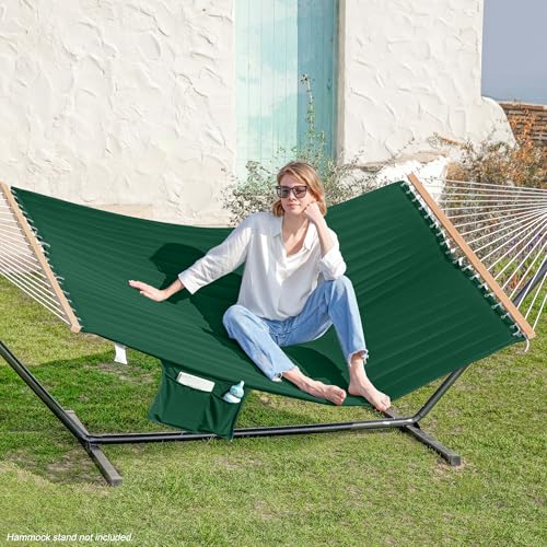 Image of GAFETE Hammock 2 Person Quilted Fabric Hammocks for Outside, Double 12ft Hammocks with Spreader Bar, Large Removable Pillow, Storage Bag, Carabiners, Max 475 lbs Capacity (Night Green)