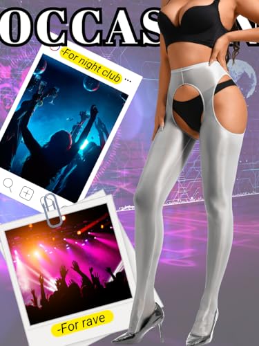 Image of ChiaoLezhee Sexy Shiny Tights, Sheer High-Waisted, Suspender Pantyhose For Women Rave Party Outfits Leggings Pants Exotic