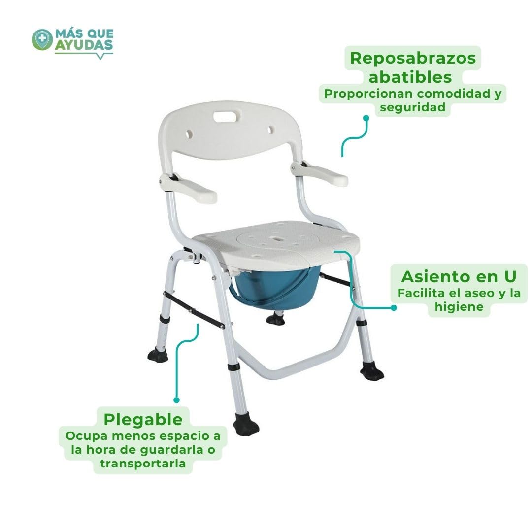 Silla de Baño y Ducha Plegable con Inodoro y Brazos Abatibles, Altura 43-50 cm, Marco de Aluminio, para Personas Mayores y Movilidad Reducida, Uso en Ducha o WC, Soporta 100 Kg