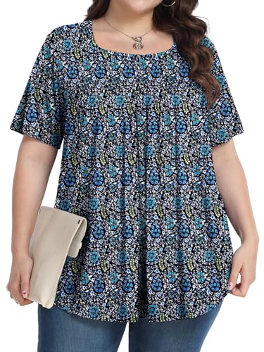 Plus Size Tops for Women Summer 2025 Short Sleeve Shirts Tunics Square Neck Casual Loose Blouses 1X-5X2
