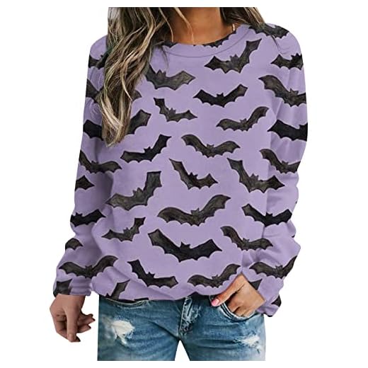 Aniywn Camiseta feminina de manga comprida de Halloween, gola redonda, estampa divertida, leve, casual, pulôver, Z - Branco, M