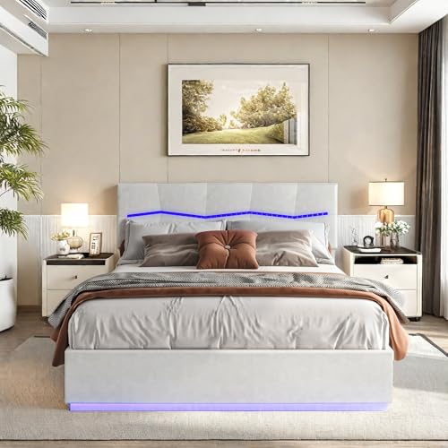 LLODERY Cama Doble tapizada 180 x 200 cm con iluminación LED y Puerto de Carga USB, canapé hidráulico con Espacio de Almacenamiento, Estructura de Cama con somier de láminas, sin colchón Beige