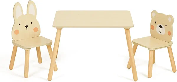 OOOK Wooden Kids Table and Chair Set, Waterproof Desktop Adorable Toddler Table Chairs Set with 2 Animal Chairs