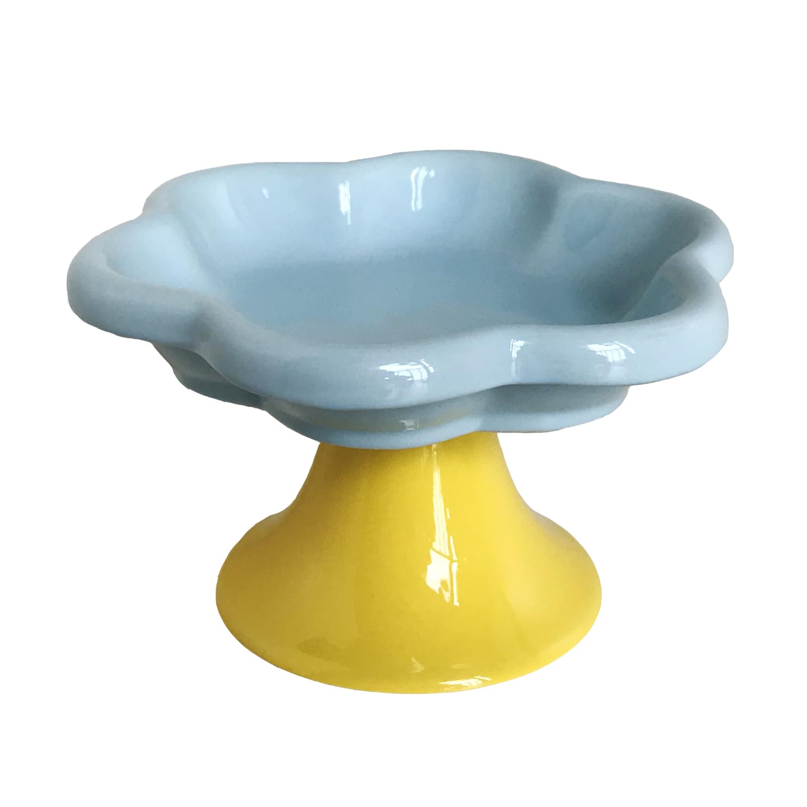 Ceramic Elevated Cat Bowls Flower Dish,Small Raised Dish.Flower Ceramic Raised Bowls for Cats and Small Dogs reducing pet’s Neck Bending and Pressure （Blue Yellow）