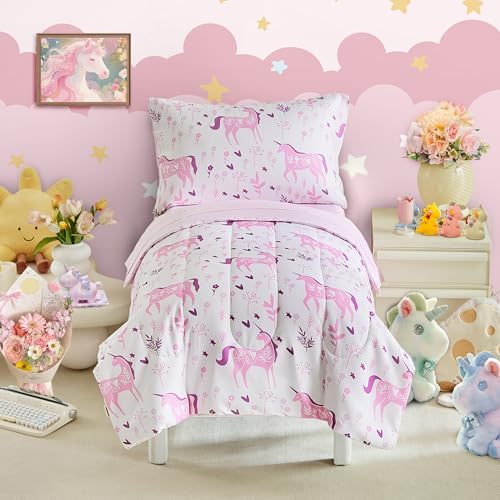 Image of Uniorn Toddler Bedding Set for Girls Light Pink Colorful Unicorn 4PC Toddler Bed Set - Soft Pink Flowers Cute Princess Toddler White Bed in a Bag with Pink Sheet Set and Pillow Shams
