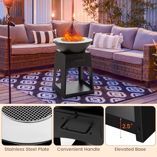 Image of Tangkula Outdoor Fire Pit with Storage, Patio Wood Burning Fireplace with Grill & Ash Box, Spacious Bottom Storage Compartment, Fire Poker & Gloves Included, Multifunctional Fire Pit for BBQ, Bonfire