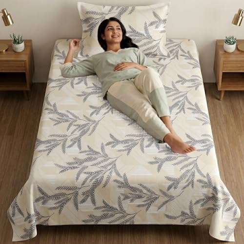 Image of Mafatlal 186 TC Metro Cotton Single Bedsheet | 90 x 60 Inch|Soft, Breathable & Lightweight | with Matching Pillow Cover| Cream Black