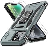 DEERLAMN Case for iPhone 13/iPhone 14 6.1-Inch with Slide Camera Cover+Screen Protector(2 Packs),Rotated Ring Kickstand Military Grade Shockproof Protective Cover-Grey