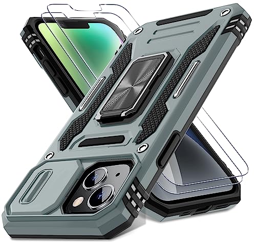 DEERLAMN Funda para iPhone 13/iPhone 14 de 6.1 Pulgadas con Cubierta de cámara Deslizante + Protector de Pantalla (2 Paquetes), Soporte de Anillo Giratorio, Grado Militar, a Prueba de Golpes, Color