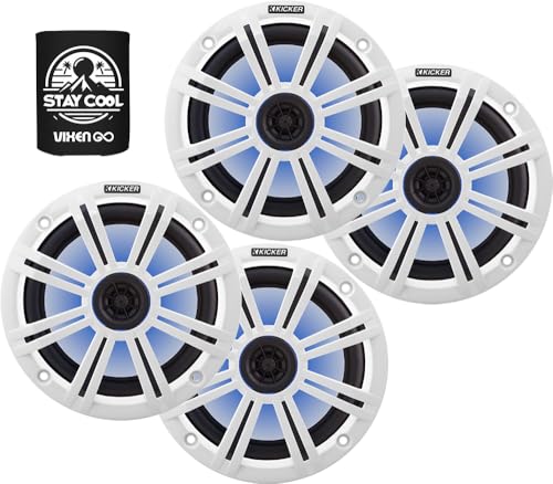 KICKER 8 Marine Speakers (2 Pairs) OEM Replacement Coaxial Speakers for Boat with White Grille and LED Lights 4-ohm. Water and Weather Resistant